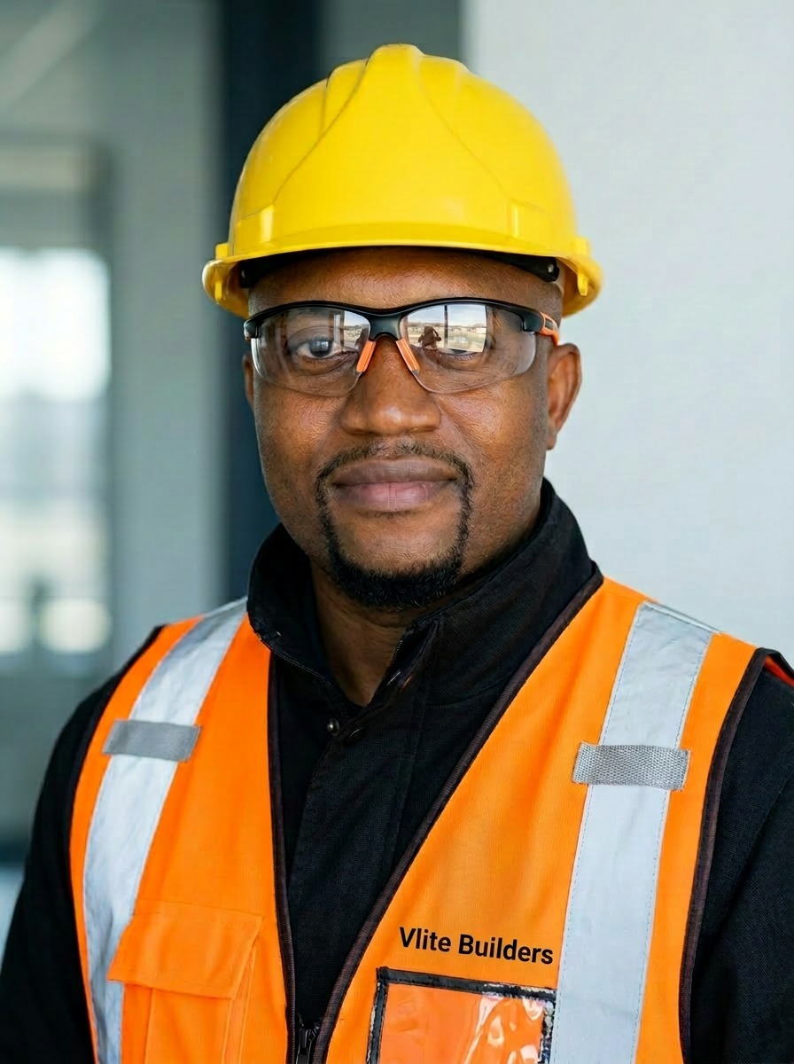 Nhlane Velaphi, Founder and CEO of V LITE Builders, wearing yellow hard hat and branded orange safety vest at construction site